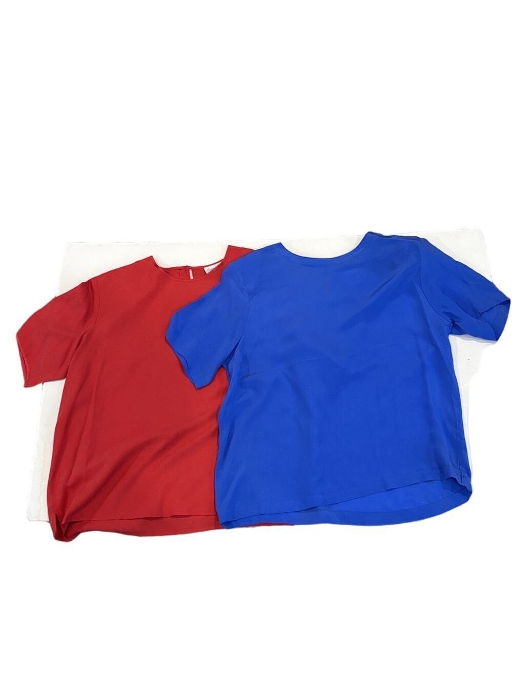 Lot 2 silk short sleeve career tops. Red blue capsule wardrobe pop of color Sz M